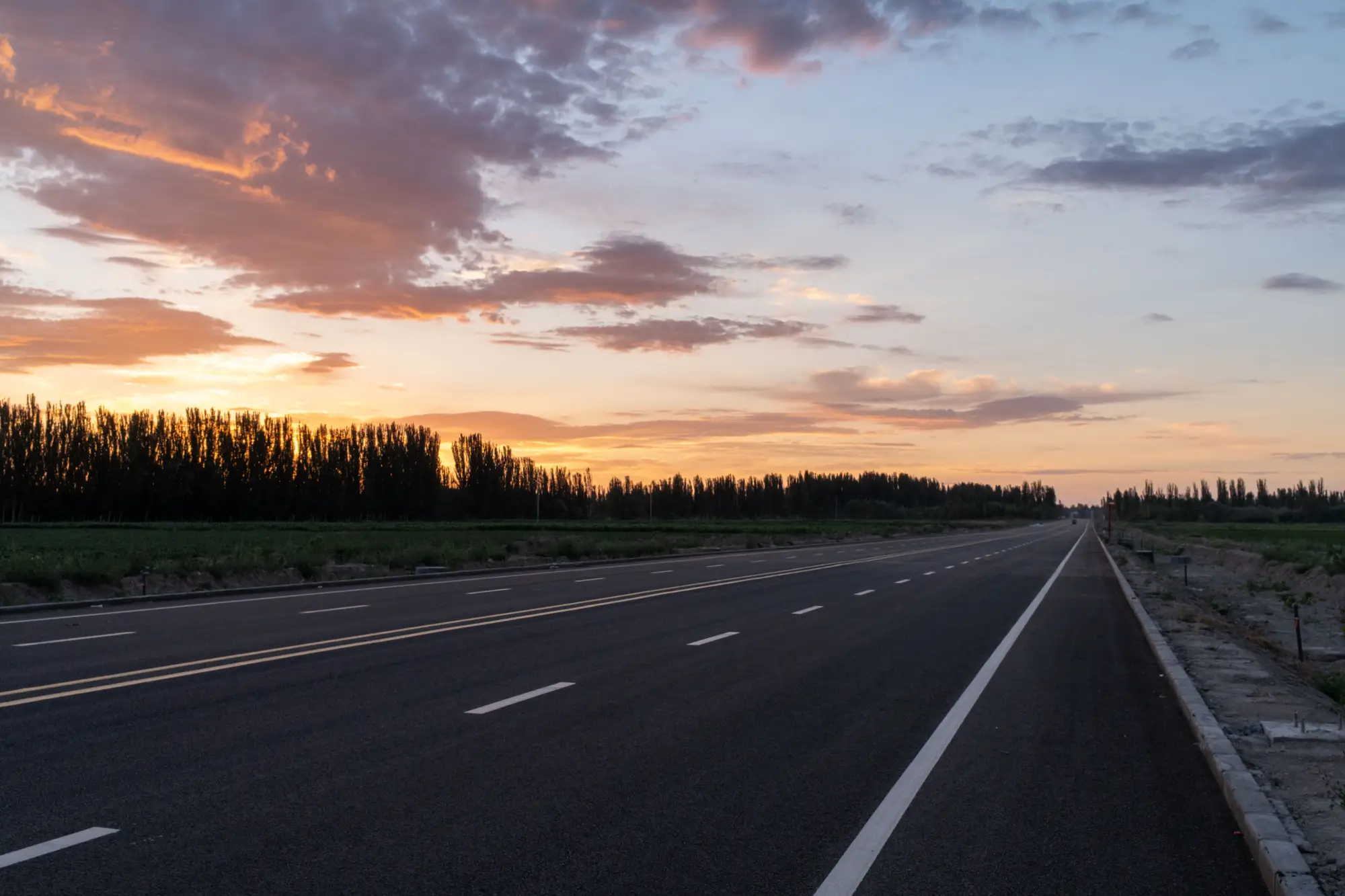 A freshly surfaced two-lane road running straight to the horizon between tree belts at dusk